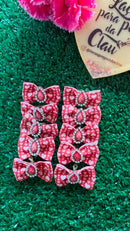 Mini Laços Rosa com Coração e Pedraria Vermelha - 10 unidades